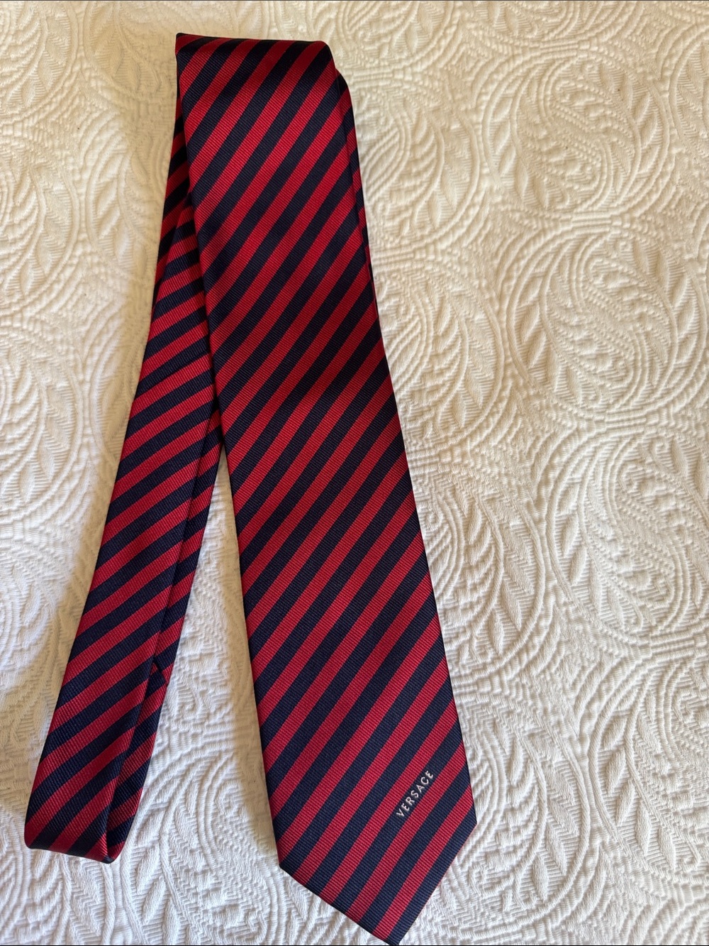 Versace Red and NavyDiagonal Striped Silk Tie